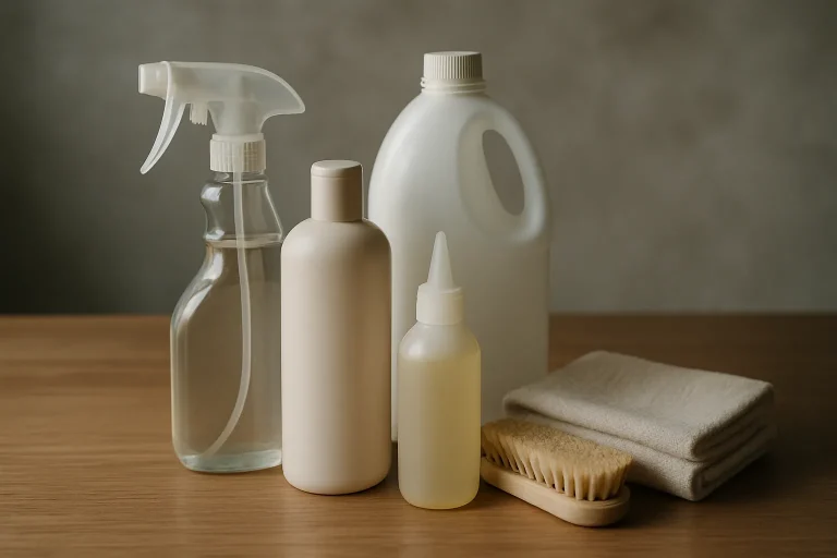 Produits de nettoyage alignés sur une table en bois, éclairage doux.