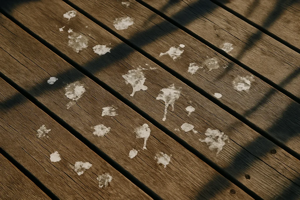 Terrasse en bois avec des taches de fientes de pigeon visibles sur le sol