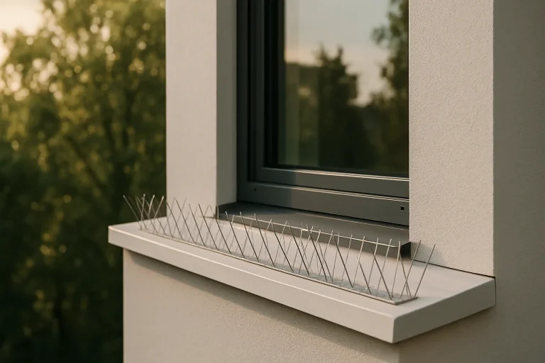 Rebord de fenêtre moderne avec dispositifs anti-pigeons, vue extérieure.