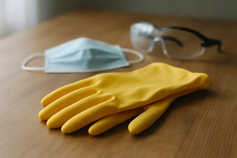 Gants, masque et lunettes de sécurité pour le nettoyage des fientes de pigeons.