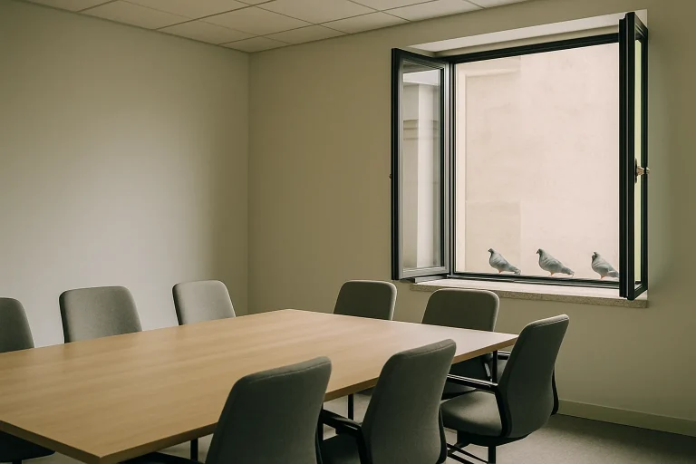 Salle de réunion avec fenêtre ouverte, pigeons sur le rebord extérieur.