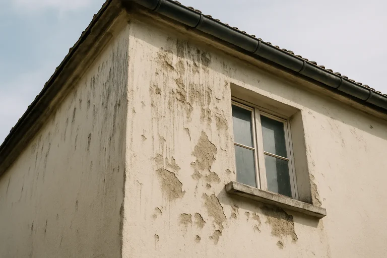 Façade de maison avec crépi endommagé par les fientes de pigeons, vue rapprochée.