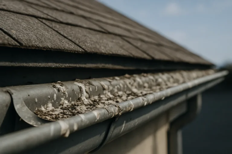 Gouttières de toit avec fientes de pigeons sous un ciel bleu, vue en plongée