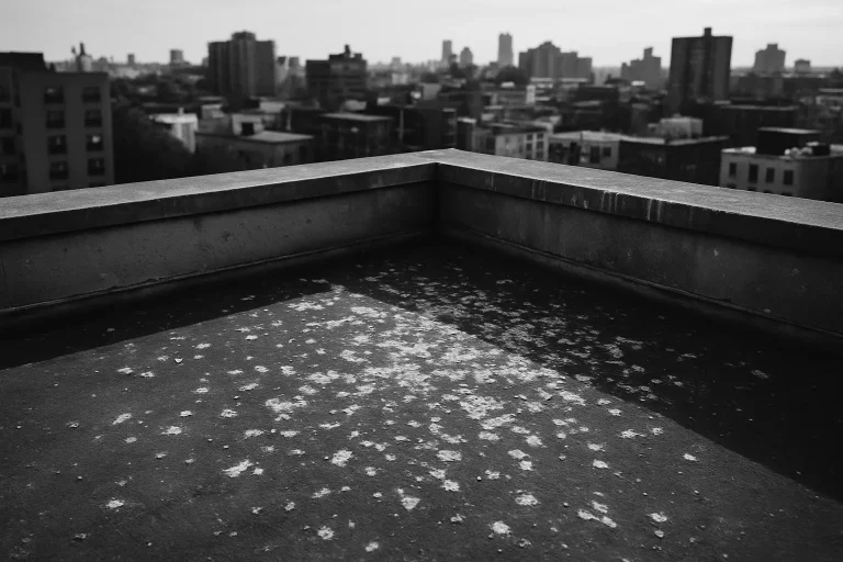 Toit urbain en noir et blanc avec fientes de pigeons visibles, vue en plongée.