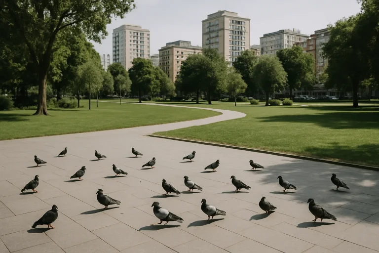 Parc urbain avec pigeons sur le sol, bâtiments en arrière-plan, lumière du jour.