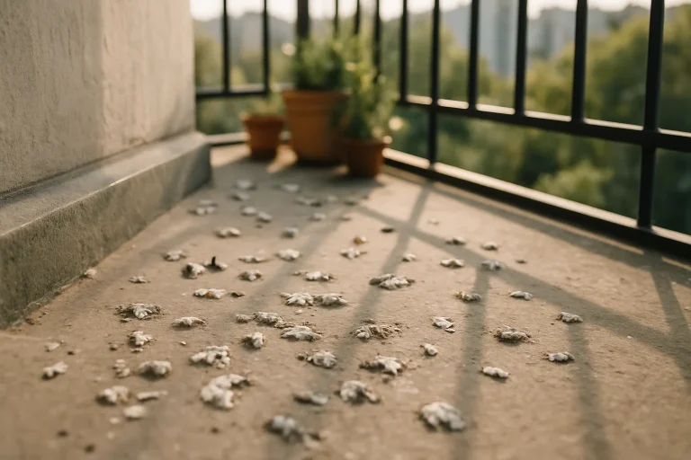 Vue d'un balcon avec des fientes de pigeons, mettant en évidence les risques sanitaires.