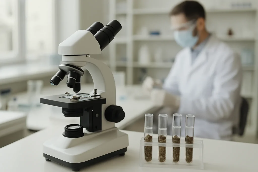 Laboratoire avec échantillons de fientes de pigeons sous un microscope pour analyse.