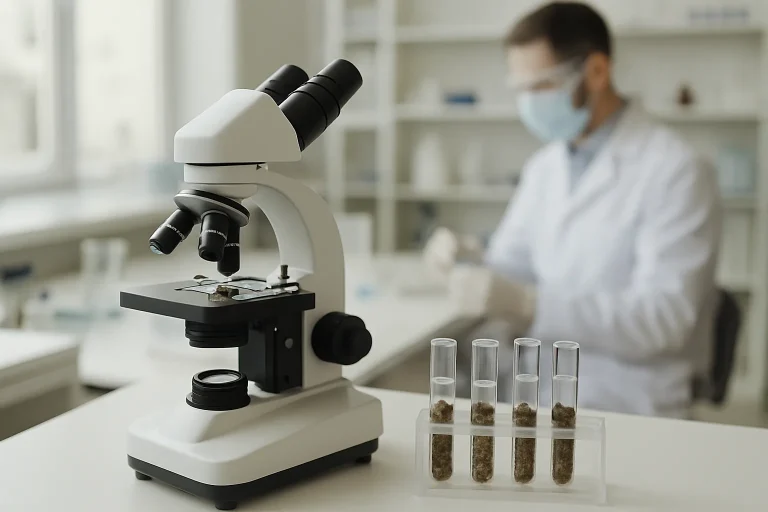 Laboratoire avec échantillons de fientes de pigeons sous un microscope pour analyse.