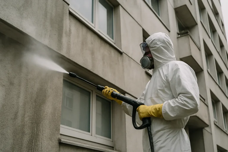 Technicien nettoyant une façade d'immeuble pour éliminer les fientes de pigeons, portant une tenue de protection