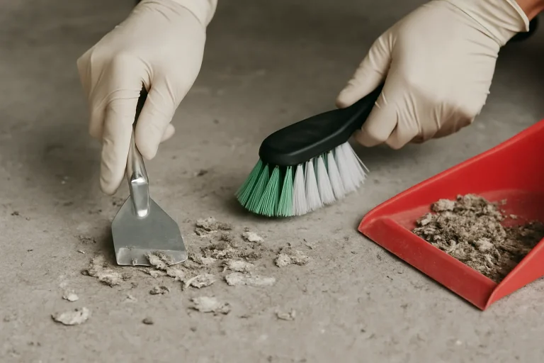 Des mains gantées utilisant des outils de nettoyage spécialisés sur une surface souillée par des fientes de pigeons.