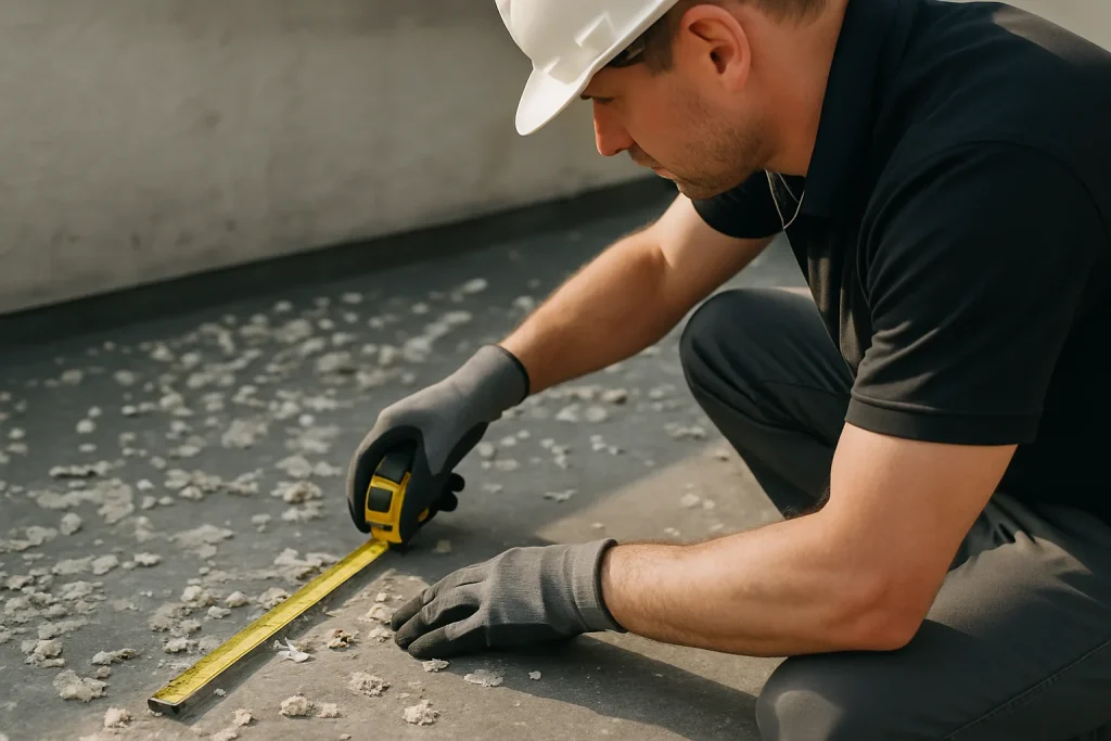 Technicien mesurant des fientes de pigeons sur une surface avec un mètre ruban.