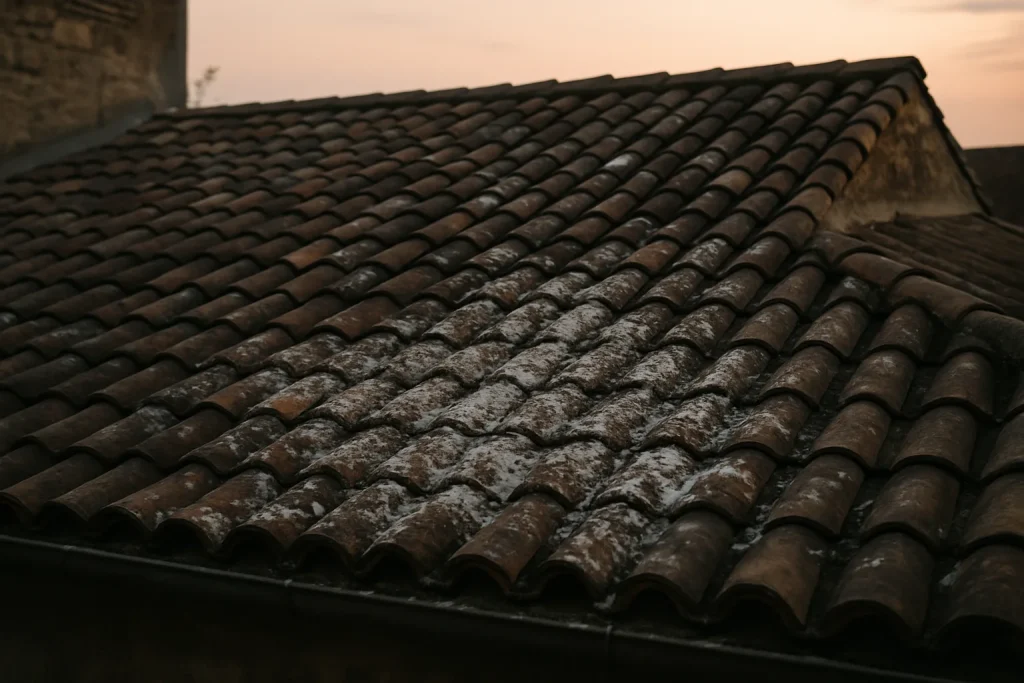 Toiture ancienne endommagée par des fientes de pigeons, vue en lumière douce.