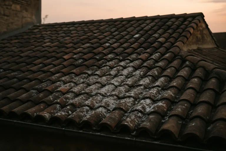 Toiture ancienne endommagée par des fientes de pigeons, vue en lumière douce.