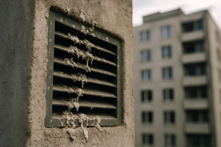 Grille de ventilation partiellement bloquée par des fientes de pigeons, bâtiment visible en arrière-plan.