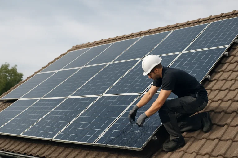 Technicien installant des filets sur des panneaux solaires pour les protéger des pigeons.