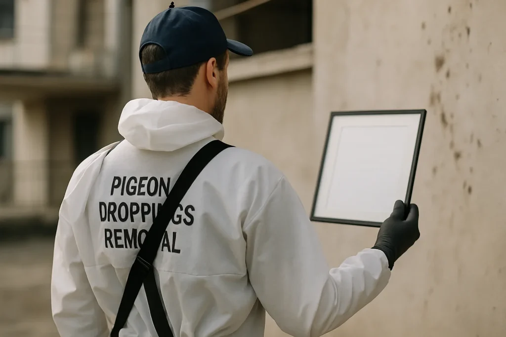 Expert en nettoyage de fientes de pigeons, de dos, tenant un certificat, lumière douce