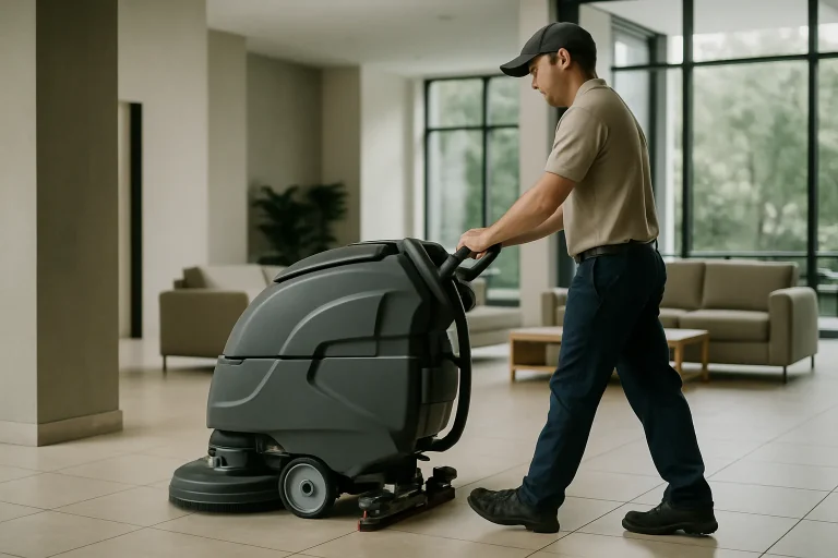 Technicien utilisant un équipement automatisé pour nettoyer des fientes de pigeons à l'intérieur.