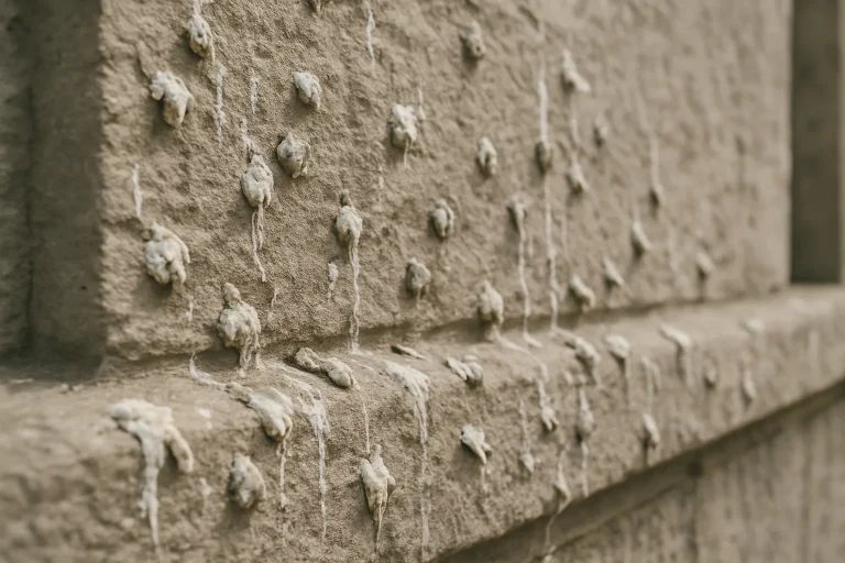 Surface de bâtiment en pierre couverte de fientes de pigeons, texture visible