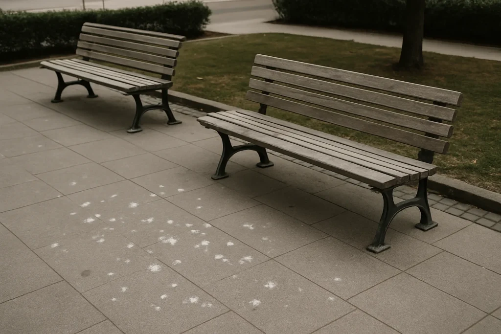Vue d'une aire de repos urbaine avec traces de fientes de pigeons et autres oiseaux.