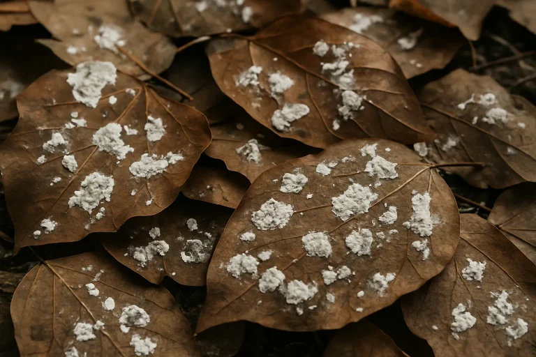Gros plan sur des feuilles mortes avec des fientes de pigeons, montrant l'impact sur les surfaces organiques.