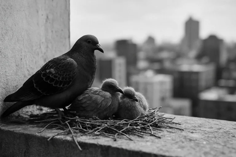 Nid de pigeons sur une corniche en noir et blanc, arrière-plan urbain flou.