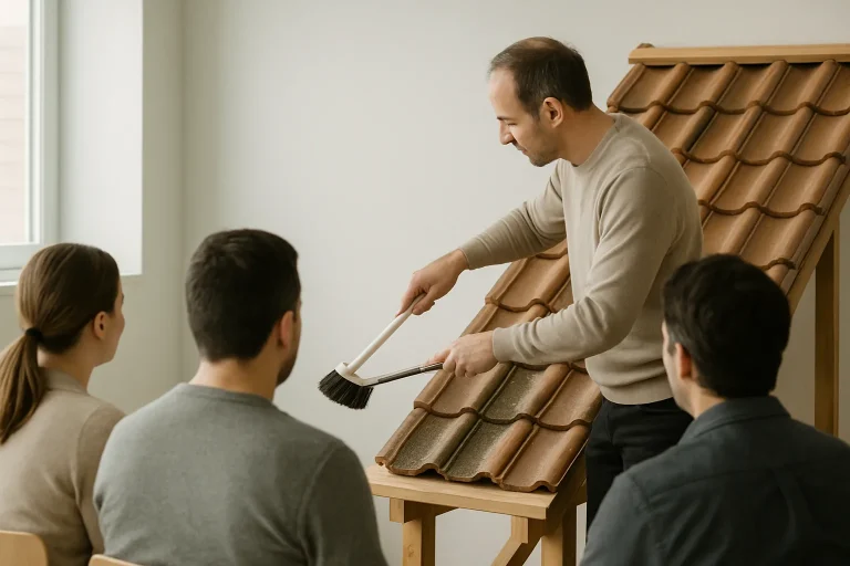 Formateur enseignant le nettoyage de fientes de pigeons avec une maquette