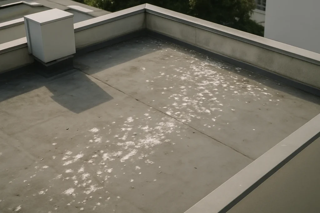 Toiture-terrasse vue de haut avec des fientes de pigeons dispersées, sous un éclairage naturel.