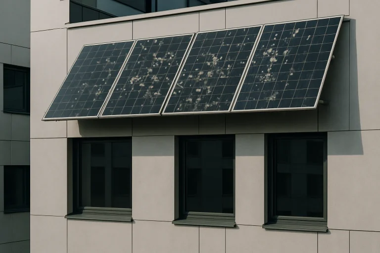 Façade d'un bâtiment moderne avec panneaux solaires partiellement couverts de fientes de pigeons.