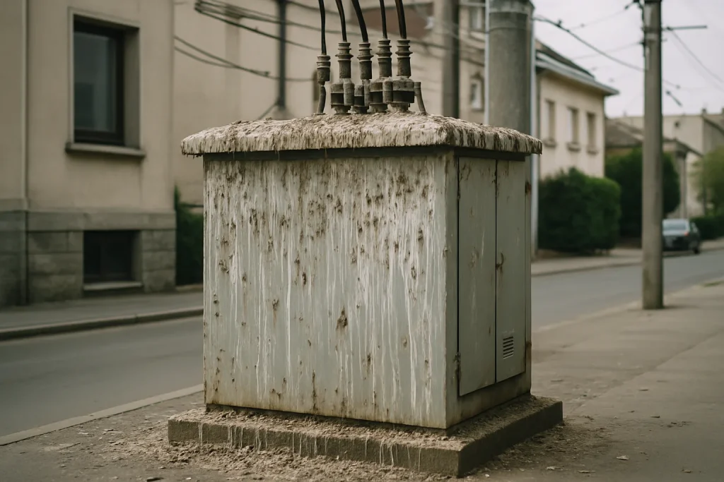 Transformateur électrique extérieur avec fientes de pigeons, environnement urbain.