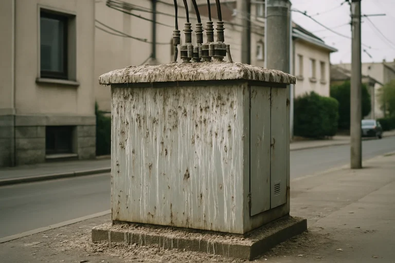 Transformateur électrique extérieur avec fientes de pigeons, environnement urbain.