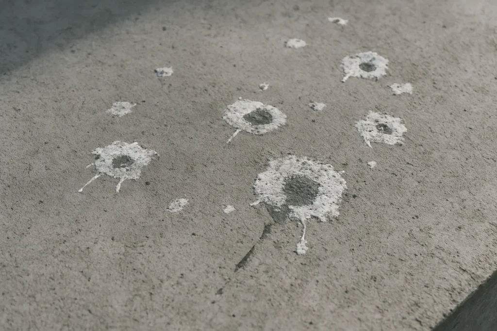 Surface de béton moderne avec des traces de fientes de pigeons, lumière naturelle