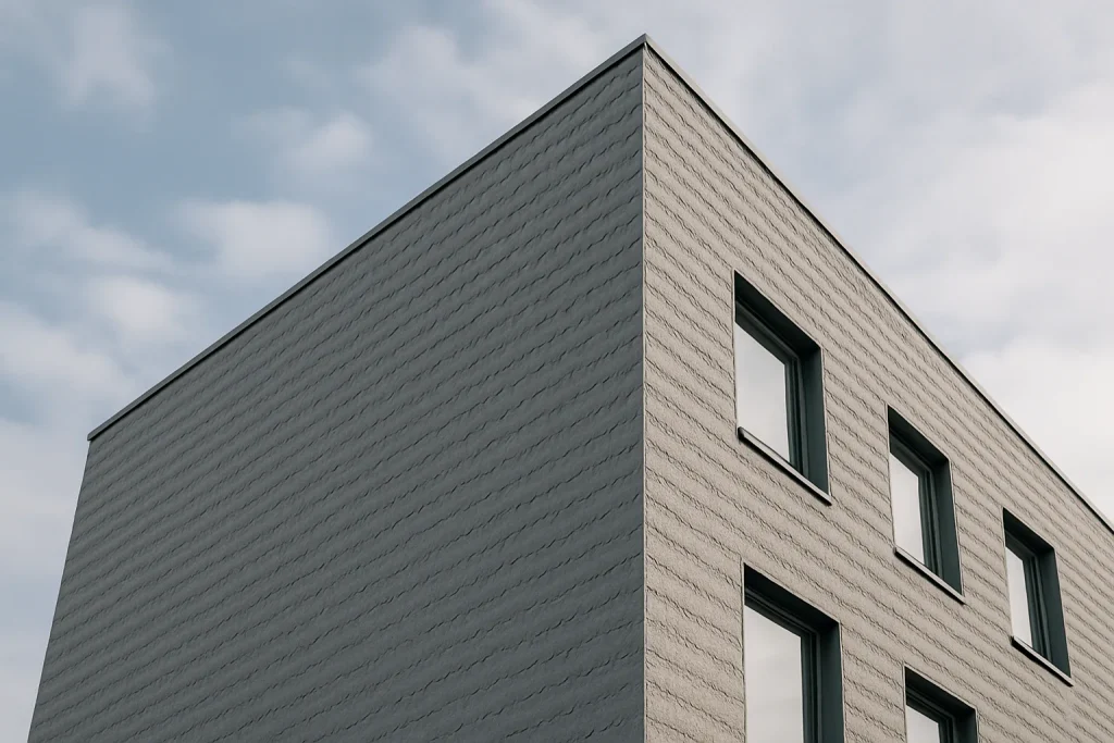 Bâtiment moderne avec un revêtement de façade innovant résistant aux fientes de pigeons, en lumière naturelle.