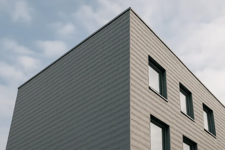 Bâtiment moderne avec un revêtement de façade innovant résistant aux fientes de pigeons, en lumière naturelle.