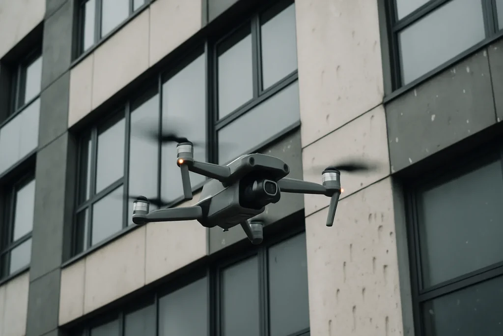 Drone en action près d'une façade d'immeuble moderne, fientes de pigeons visibles