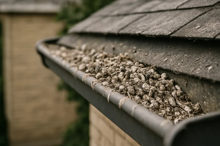Gros plan d'une gouttière obstruée par des fientes de pigeons, lumière naturelle