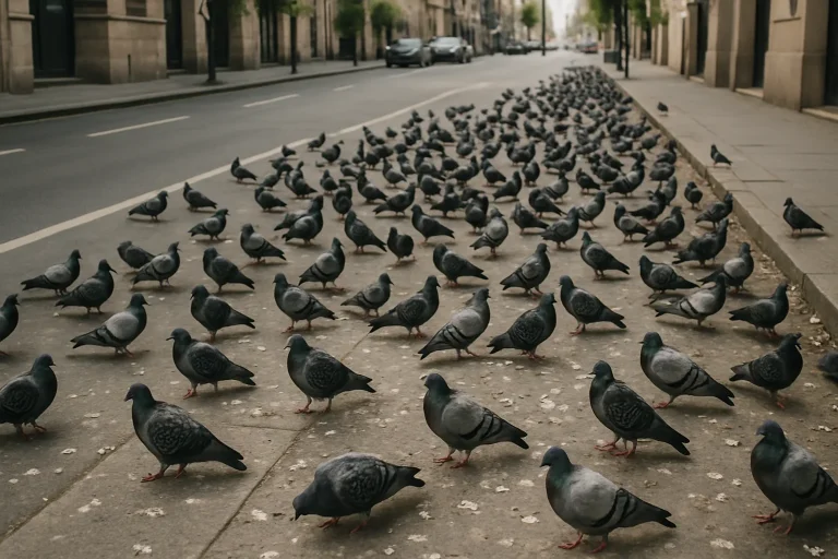 Rue urbaine avec pigeons et fientes sur le trottoir, vue en plongée.