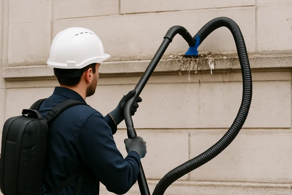 Technicien nettoyant une façade avec équipement moderne contre les fientes de pigeons.