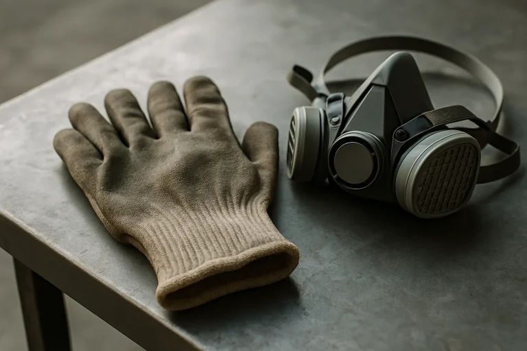 Gants de sécurité et masque respiratoire sur une table en métal, vue de dessus.