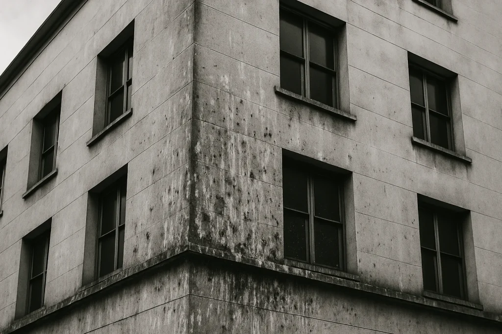 Façade de bâtiment en noir et blanc avec traces de fientes de pigeons visibles.