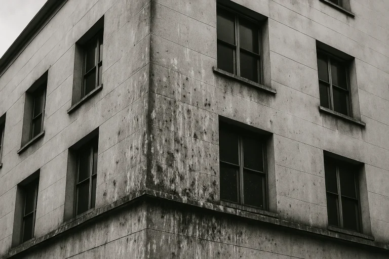 Façade de bâtiment en noir et blanc avec traces de fientes de pigeons visibles.