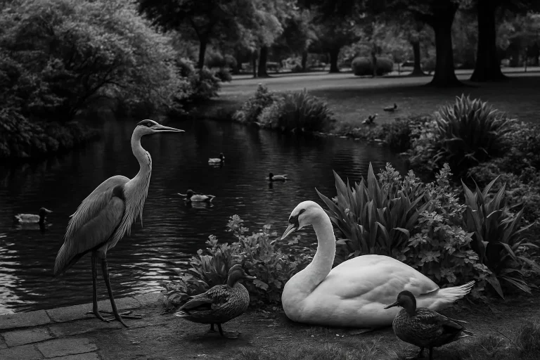 Scène en noir et blanc d'un parc urbain avec oiseaux et plantes, montrant l'interaction des espèces.