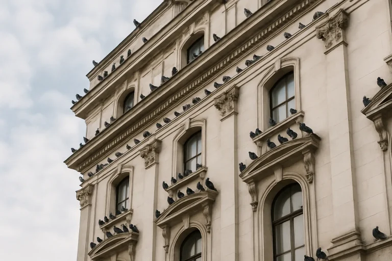 Nombreux pigeons perchés sur un bâtiment, indiquant une forte infestation.