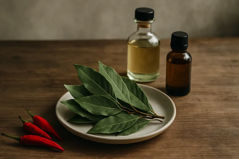 Des feuilles de laurier, des piments rouges et des huiles essentielles posés sur une table en bois