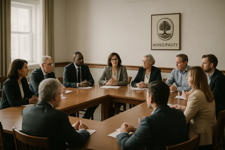Salle de réunion avec représentants municipaux et entreprises discutant de solutions pour pigeons.