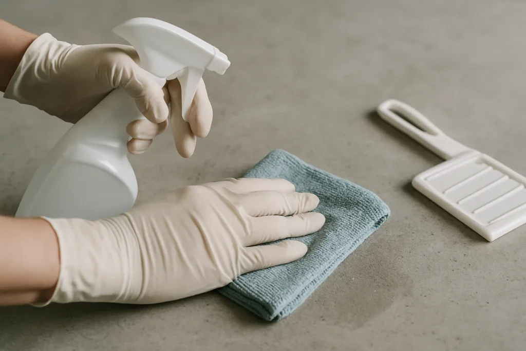 Mains en gants de protection désinfectant une surface en béton après nettoyage de fientes de pigeons.