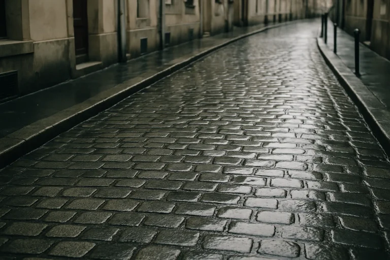 Rue pavée mouillée par la pluie, reflets d'eau visibles à la lumière du jour.
