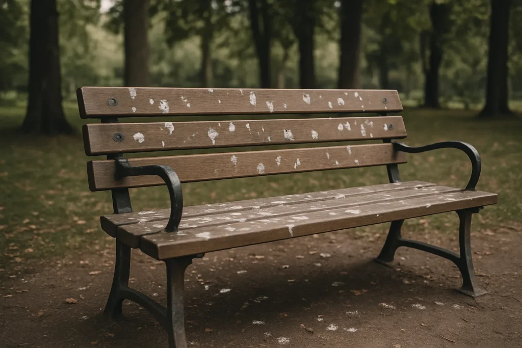 Un banc de parc en bois recouvert de fientes de pigeons, avec des arbres en arrière-plan.