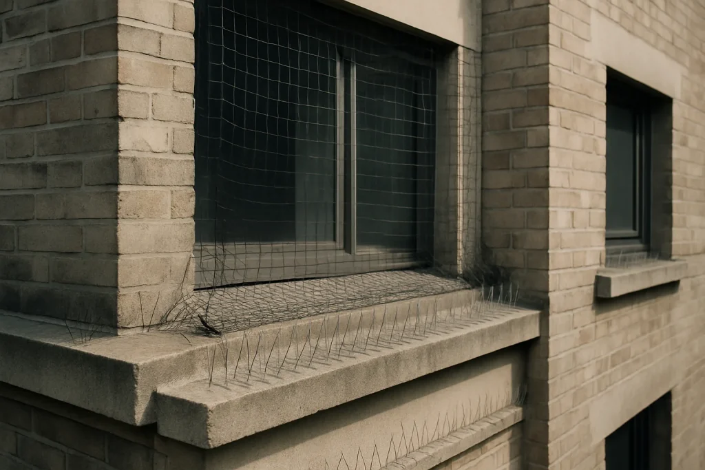 Bâtiment avec dispositifs anti-pigeons, tels que filets et pics sur les rebords, en lumière du jour.