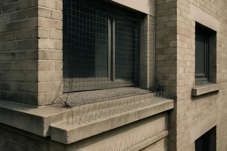 Bâtiment avec dispositifs anti-pigeons, tels que filets et pics sur les rebords, en lumière du jour.