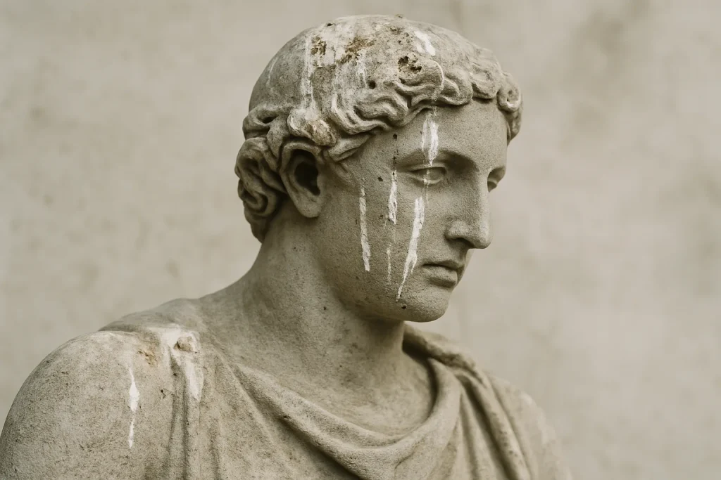 Statue de pierre restaurée avec traces de fientes de pigeons visibles en gros plan.